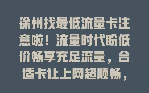 徐州找最低流量卡注意啦！流量时代盼低价畅享充足流量，合适卡让上网超顺畅，但选卡不易，要综合考量多因素精心比较，才能挑到适合的，让网络生活更畅快