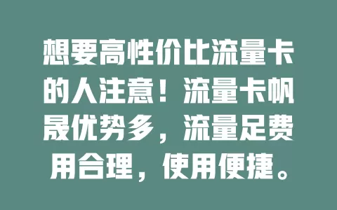 想要高性价比流量卡的人注意！流量卡帆晟优势多，流量足费用合理，使用便捷。选时留意套餐要点，适配多设备，助你畅享网络便利！
