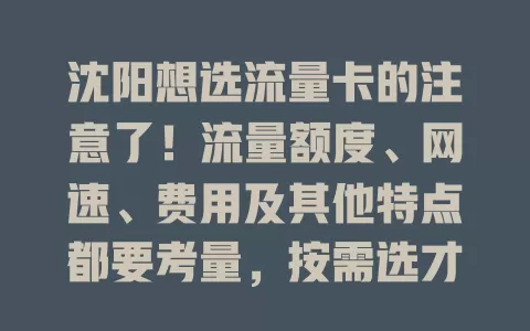 沈阳想选流量卡的注意了！流量额度、网速、费用及其他特点都要考量，按需选才能让网络生活更顺畅
