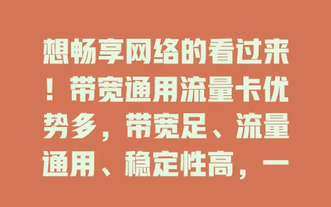 想畅享网络的看过来！带宽通用流量卡优势多，带宽足、流量通用、稳定性高，一张卡搞定网络需求，开启出色网络生活