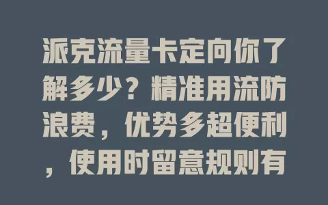派克流量卡定向你了解多少？精准用流防浪费，优势多超便利，使用时留意规则有效期，快来体验！