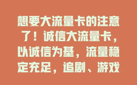 想要大流量卡的注意了！诚信大流量卡，以诚信为基，流量稳定充足，追剧、游戏、刷短视频都不愁，告别流量告急，畅享畅快网络！