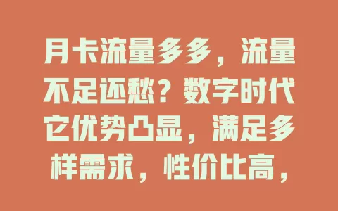 月卡流量多多，流量不足还愁？数字时代它优势凸显，满足多样需求，性价比高，畅享网络无烦恼