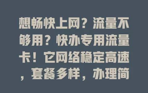 想畅快上网？流量不够用？快办专用流量卡！它网络稳定高速，套餐多样，办理简单，选卡考虑多因素，告别流量焦虑，畅享优质网络生活