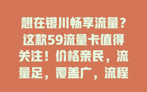 想在银川畅享流量？这款59流量卡值得关注！价格亲民，流量足，覆盖广，流程简，是性价比之选