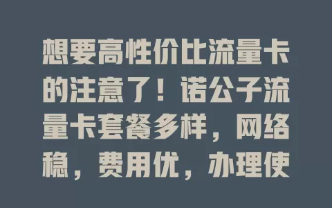 想要高性价比流量卡的注意了！诺公子流量卡套餐多样，网络稳，费用优，办理使用超便捷，能解流量烦恼，给你全新体验！
