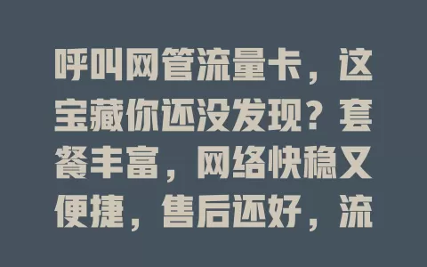呼叫网管流量卡，这宝藏你还没发现？套餐丰富，网络快稳又便捷，售后还好，流量烦恼别愁，它能给你惊喜！