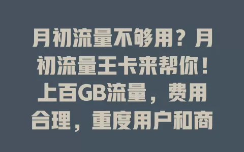 月初流量不够用？月初流量王卡来帮你！上百GB流量，费用合理，重度用户和商务人士必备，月初畅享网络无烦恼