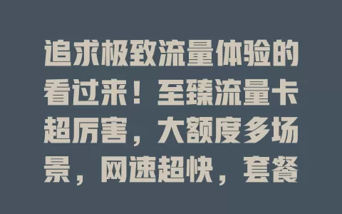 追求极致流量体验的看过来！至臻流量卡超厉害，大额度多场景，网速超快，套餐贴心，随时随地畅享网络，值得关注！
