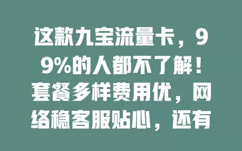 这款九宝流量卡，99%的人都不了解！套餐多样费用优，网络稳客服贴心，还有特色功能，按需选卡畅享数字生活