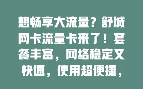 想畅享大流量？舒城网卡流量卡来了！套餐丰富，网络稳定又快速，使用超便捷，适配多设备，给你优质上网方案