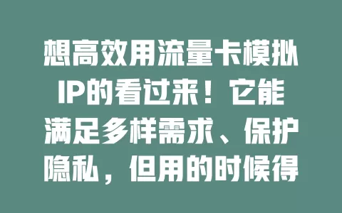 想高效用流量卡模拟IP的看过来！它能满足多样需求、保护隐私，但用的时候得合法，不然有风险，正确使用才能让网络之旅更精彩