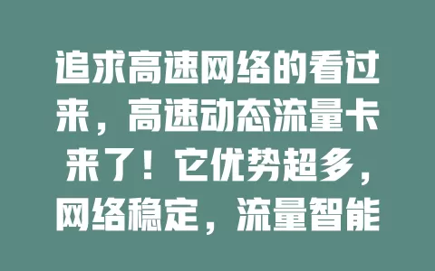追求高速网络的看过来，高速动态流量卡来了！它优势超多，网络稳定，流量智能分配，使用便捷，商务、学生、玩家用着都超棒，是追求高速网者的优质之选