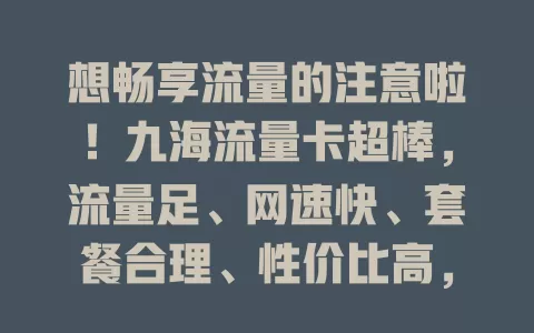 想畅享流量的注意啦！九海流量卡超棒，流量足、网速快、套餐合理、性价比高，解你流量困扰