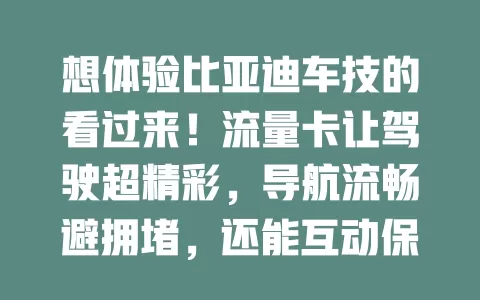 想体验比亚迪车技的看过来！流量卡让驾驶超精彩，导航流畅避拥堵，还能互动保安全，更有娱乐享不停，出行添乐趣！