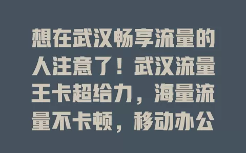 想在武汉畅享流量的人注意了！武汉流量王卡超给力，海量流量不卡顿，移动办公超流畅，社交分享超方便，套餐贴心性价比高，赶紧关注！