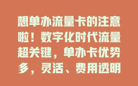 想单办流量卡的注意啦！数字化时代流量超关键，单办卡优势多，灵活、费用透明、手续简便。选时要挑正规运营商，比套餐关键因素，单纯需流量，它是不错选择