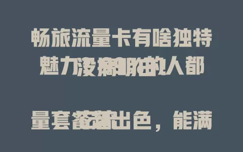畅旅流量卡有啥独特魅力？99%的人都没搞明白！

它流量套餐超出色，能满足各类用户需求，出差旅行超便利。流量稳定，性价比高。但得深入了解正确使用，才能畅享便捷，你不想试试吗？