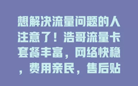 想解决流量问题的人注意了！浩哥流量卡套餐丰富，网络快稳，费用亲民，售后贴心，是你的理想之选！