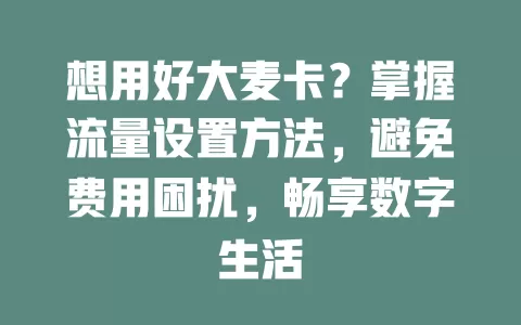 想用好大麦卡？掌握流量设置方法，避免费用困扰，畅享数字生活