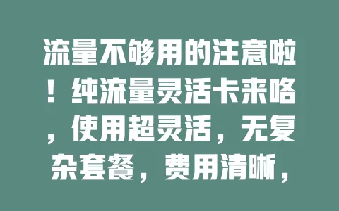 流量不够用的注意啦！纯流量灵活卡来咯，使用超灵活，无复杂套餐，费用清晰，满足多样需求，上网无忧不发愁！