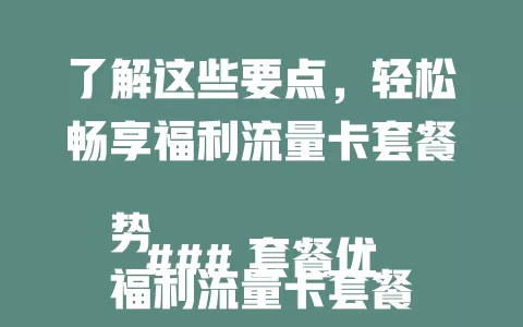 了解这些要点，轻松畅享福利流量卡套餐

### 套餐优势
福利流量卡套餐超诱人，有超大流量额度，每月几百GB，上网追剧玩游戏不愁流量。费用实惠，还赠通话时长，方便与亲友畅聊。

### 选择攻略
选套餐先明确需求，常刷短视频、看直播就选流量充足的。关注有效期、合约限制，了解流量使用规则，避免选错。

### 使用体验
选对福利流量卡套餐，畅享畅快网络。高速稳定，视频加载快，游戏流畅，定向流量特定应用随心用，旅行通勤随时连，提升网络幸福感。