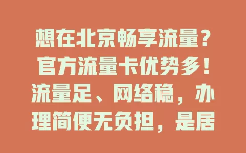 想在北京畅享流量？官方流量卡优势多！流量足、网络稳，办理简便无负担，是居民和游客上网好帮手，让生活更便捷精彩