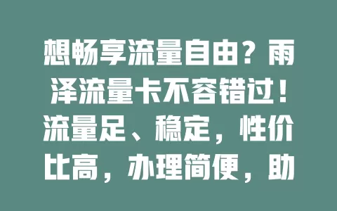 想畅享流量自由？雨泽流量卡不容错过！流量足、稳定，性价比高，办理简便，助你开启网络精彩之旅