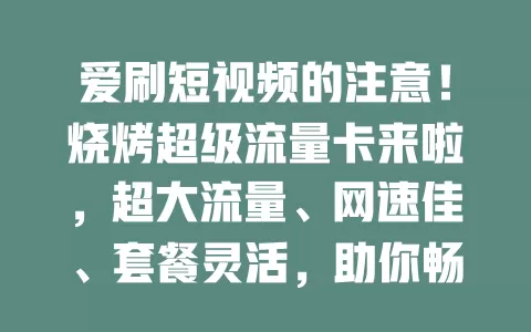 爱刷短视频的注意！烧烤超级流量卡来啦，超大流量、网速佳、套餐灵活，助你畅享短视频世界
