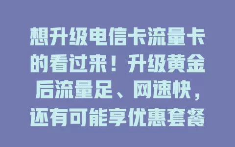 想升级电信卡流量卡的看过来！升级黄金后流量足、网速快，还有可能享优惠套餐，数字生活更精彩