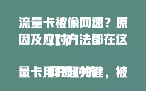 流量卡被偷网速？原因及应对方法都在这儿了！

网速对流量卡用户超关键，被偷网速有环境干扰、套餐限制等原因。遇到这情况，可检查设备、留意环境、联系客服，掌握方法畅享畅快网络！