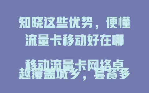 知晓这些优势，便懂流量卡移动好在哪

移动流量卡网络卓越覆盖城乡，套餐多样按需匹配，客服专业服务优，计费透明无乱扣，凭这些成通信首选，带来便捷高效优质体验 。