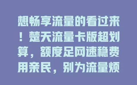 想畅享流量的看过来！楚天流量卡版超划算，额度足网速稳费用亲民，别为流量烦啦！