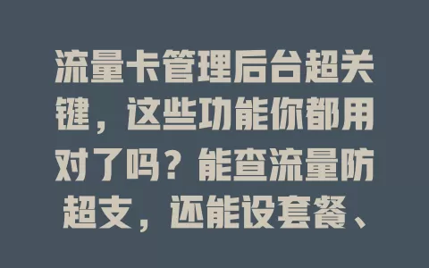 流量卡管理后台超关键，这些功能你都用对了吗？能查流量防超支，还能设套餐、便捷充值、保障安全。很多用户没充分利用，快深入研究挖掘实用功能！