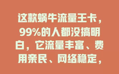 这款蜗牛流量王卡，99%的人都没搞明白，它流量丰富、费用亲民、网络稳定，使用时要注意啥？