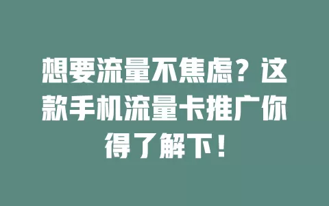 想要流量不焦虑？这款手机流量卡推广你得了解下！