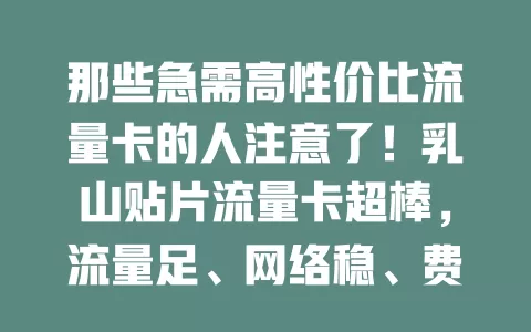 那些急需高性价比流量卡的人注意了！乳山贴片流量卡超棒，流量足、网络稳、费用合理、使用便捷、兼容性好，满足多样需求，让数字生活更顺畅