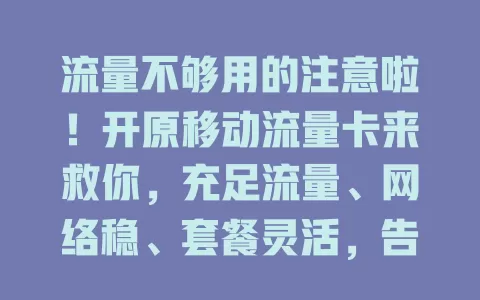 流量不够用的注意啦！开原移动流量卡来救你，充足流量、网络稳、套餐灵活，告别流量焦虑
