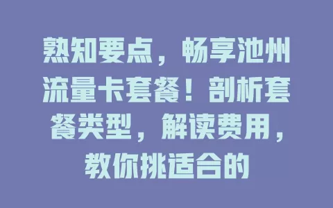 熟知要点，畅享池州流量卡套餐！剖析套餐类型，解读费用，教你挑适合的
