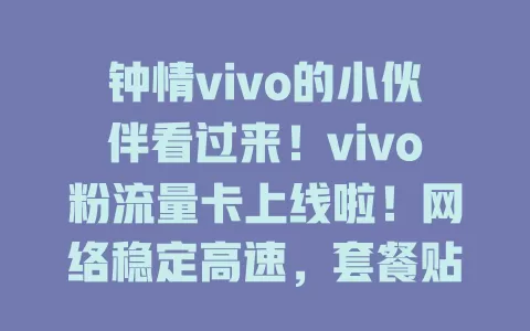 钟情vivo的小伙伴看过来！vivo粉流量卡上线啦！网络稳定高速，套餐贴心可选，让你畅享科技便捷，手机体验升级，快了解这款专属流量卡！