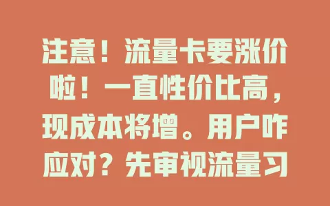 注意！流量卡要涨价啦！一直性价比高，现成本将增。用户咋应对？先审视流量习惯，还可关注运营商新优惠，快调整策略应对市场变化