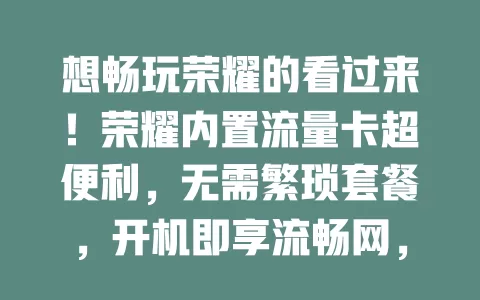 想畅玩荣耀的看过来！荣耀内置流量卡超便利，无需繁琐套餐，开机即享流畅网，团战语音不卡顿，告别流量焦虑，尽享热血对战
