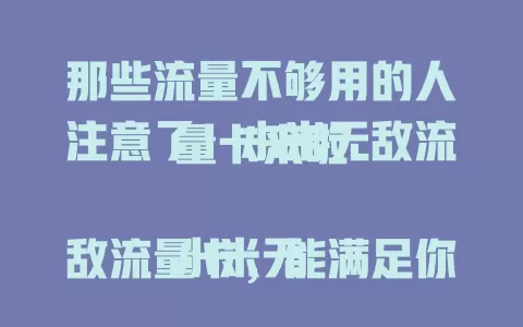 那些流量不够用的人注意了！小米无敌流量卡来啦

小米无敌流量卡，能满足你对流量的多样需求。它或许能为你解决追剧时突然卡顿、游戏激战中网络延迟等流量困扰。让你畅享网络，不再为流量问题发愁。