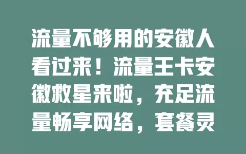 流量不够用的安徽人看过来！流量王卡安徽救星来啦，充足流量畅享网络，套餐灵活性价比高，告别流量烦恼，速来体验！