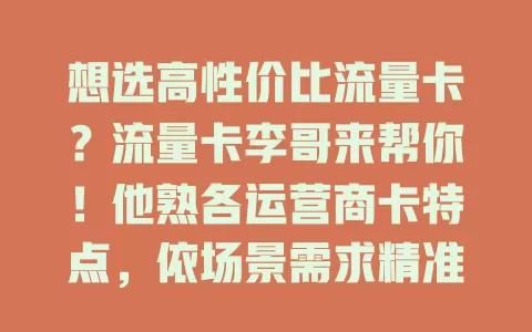 想选高性价比流量卡？流量卡李哥来帮你！他熟各运营商卡特点，依场景需求精准推荐，关注细节挑贴心卡，让你放心享畅快网络