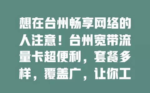 想在台州畅享网络的人注意！台州宽带流量卡超便利，套餐多样，覆盖广，让你工作学习娱乐无忧，快选它开启便捷网络生活！