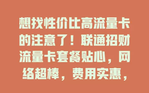 想找性价比高流量卡的注意了！联通招财流量卡套餐贴心，网络超棒，费用实惠，是热门之选，值得考虑！