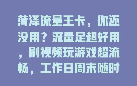 菏泽流量王卡，你还没用？流量足超好用，刷视频玩游戏超流畅，工作日周末随时享便捷网络生活！