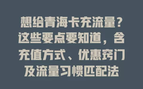 想给青海卡充流量？这些要点要知道，含充值方式、优惠窍门及流量习惯匹配法