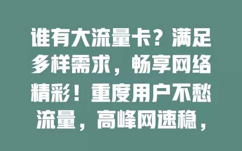 谁有大流量卡？满足多样需求，畅享网络精彩！重度用户不愁流量，高峰网速稳，套餐多样，差旅无忧，找卡综合考量，适配就畅游数字生活